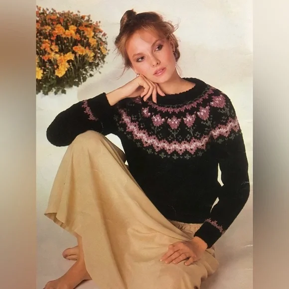 Vintage Women’s Hand Knit Crew Neck Fair Isle Tulip Sweater Black Medium Large - Picture 6 of 6